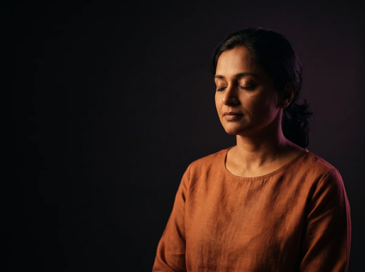 Indian woman practicing gentle wellness movement for online PCOS, PCOD, and hormonal health care
