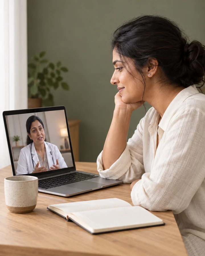 Indian woman at her table in an online video consultation with an Ayurvedic doctor