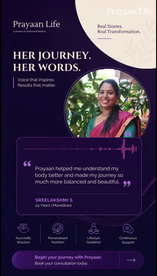 Testimonial card — Prayaan patient Sreelakshmi S, 24, on how the program helped her understand her body better