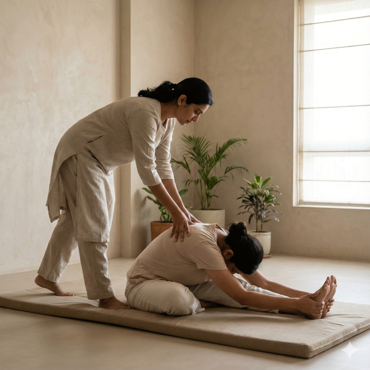 Supportive yoga guidance and check-in moment